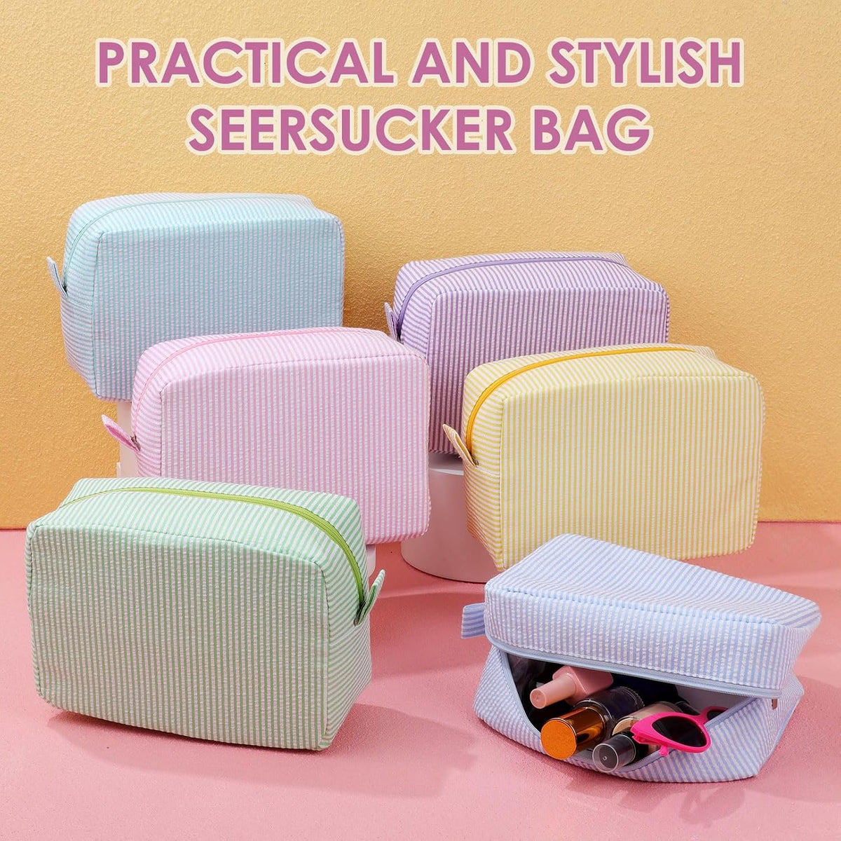 Sanwuta 6 Pack Seersucker Makeup Bags for Women Striped,Large,Macaron Color