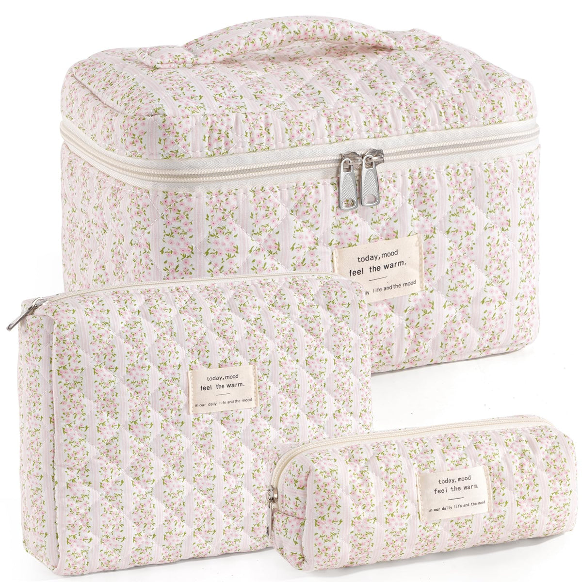 Makeup Bag for Women 3PCS Quilted Cotton Make Up Bag Travel Cosmetic Bag Large Makeup Bag Set Cute Makeups Organizer Floral Toiletry Pouch for Purse, Pink Floral D