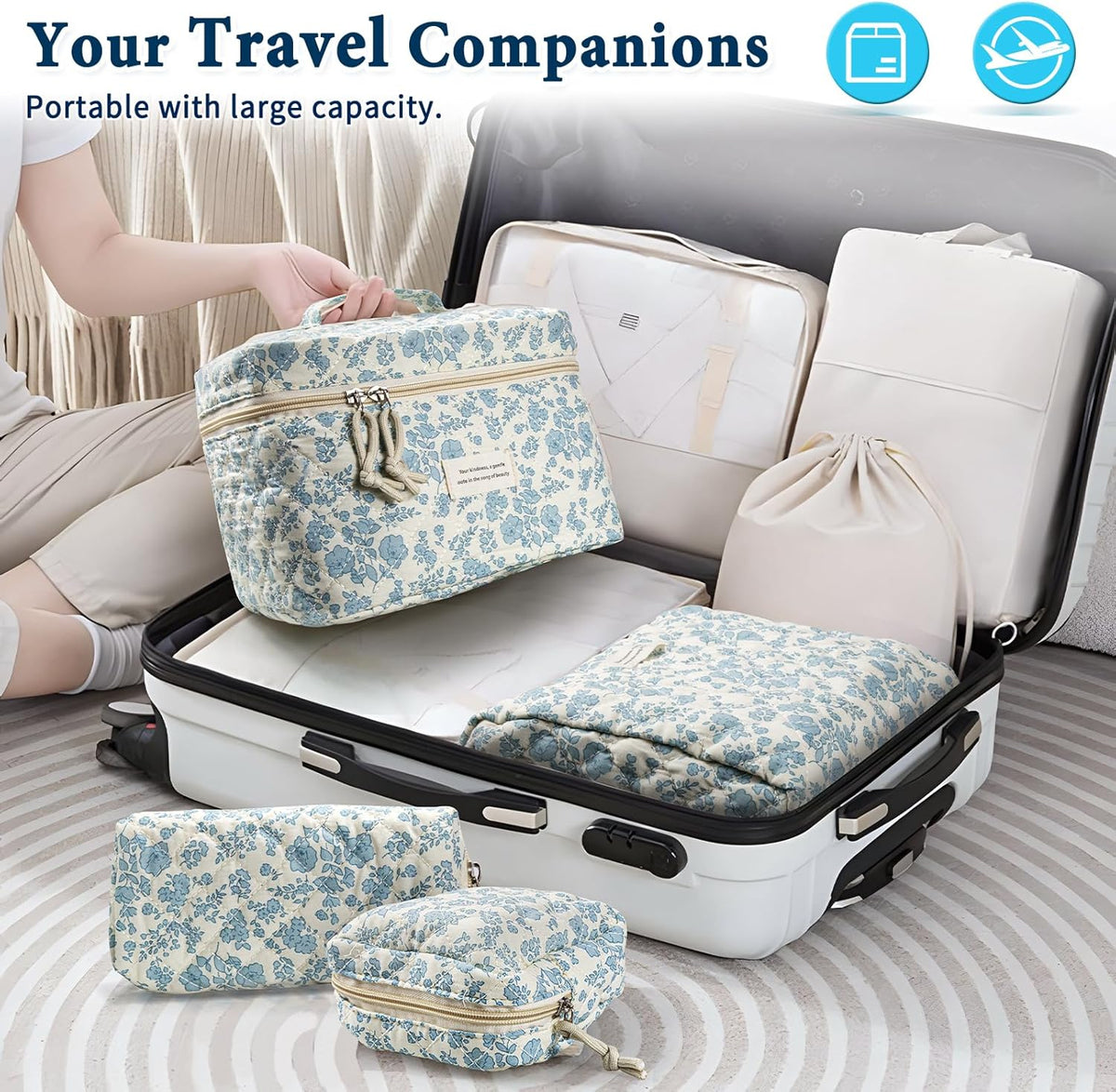NATINSA Cute Makeup Bag for Women(2 Pcs), Travel Cosmetic Bags, Quilted Coquette Aesthetic Floral Toiletry Organizer Bag (46 - Sky Blue/4Pcs)