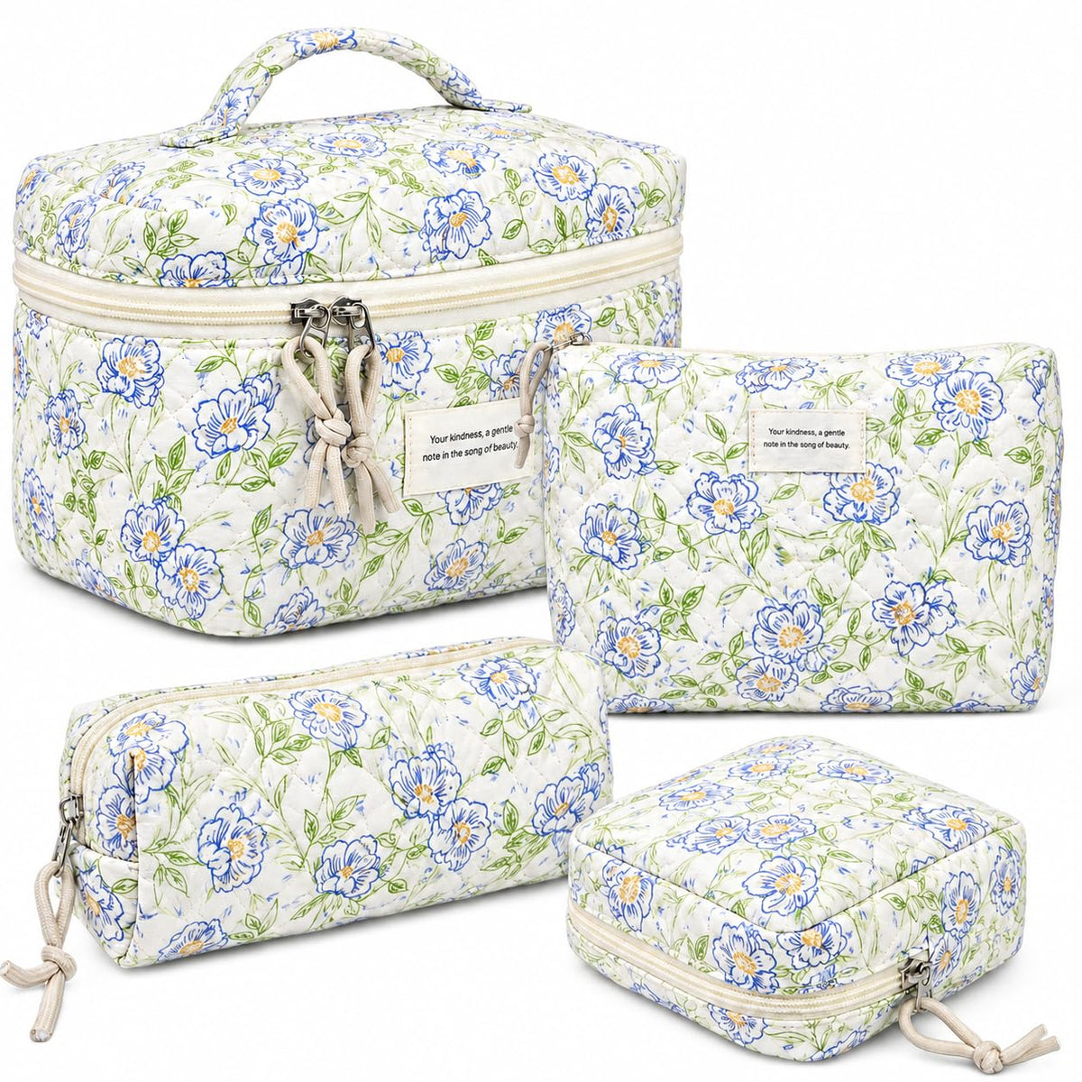 NATINSA Cute Makeup Bag for Women(2 Pcs), Travel Cosmetic Bags, Quilted Coquette Aesthetic Floral Toiletry Organizer Bag (46 - Sky Blue/4Pcs)