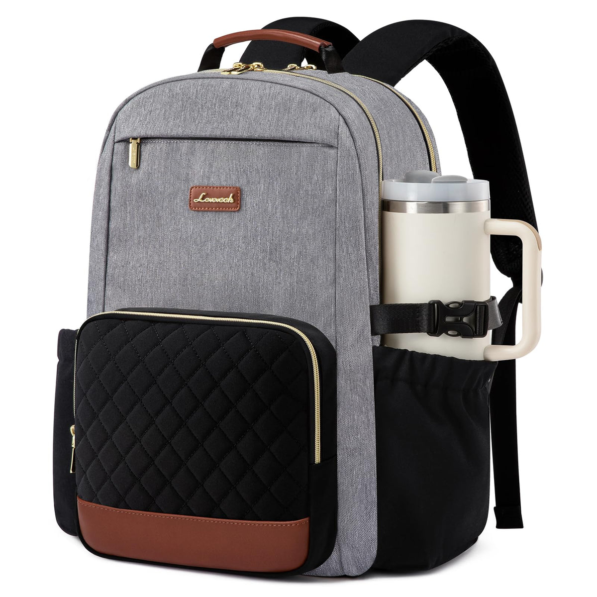LOVEVOOK Laptop Backpack for Women with Pouch Pocket for Large Capacity Cup,15.6 Inch Laptop Computer Bag Travel Backpack Purse,Waterproof Work Business Backpack College Teacher Bags,Beige-Black-Brown