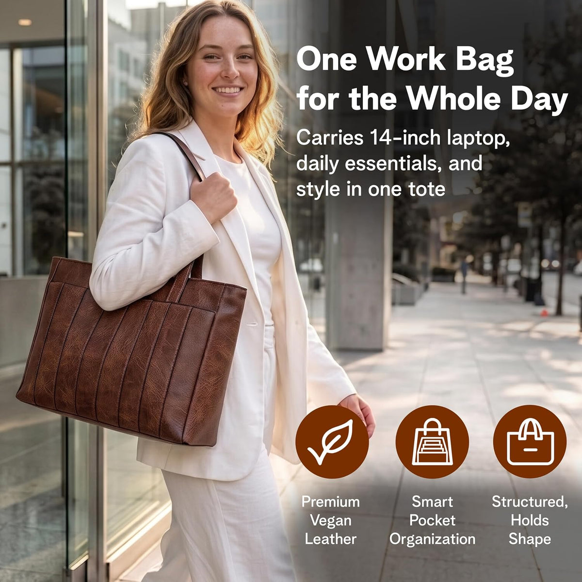 Laptop Bag for Women - 14" Vegan Leather Computer Bags for Laptops for Women - Padded Compartment - Leather Tote