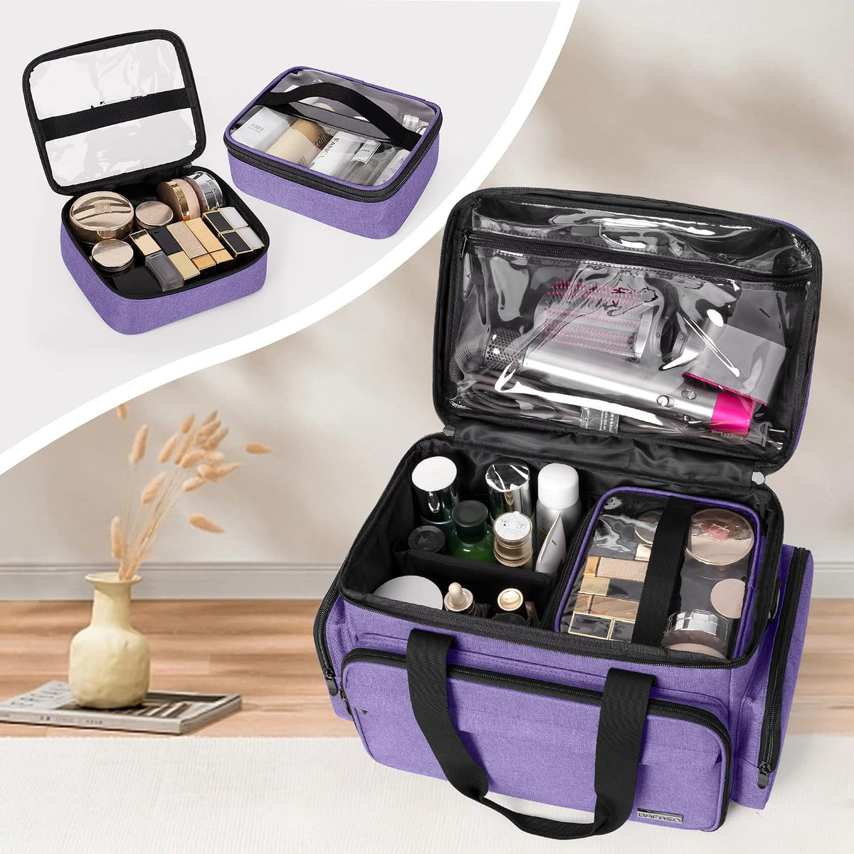 BAFASO Makeup Bag with 2 Removable Pouches and Detachable Dividers, Purple