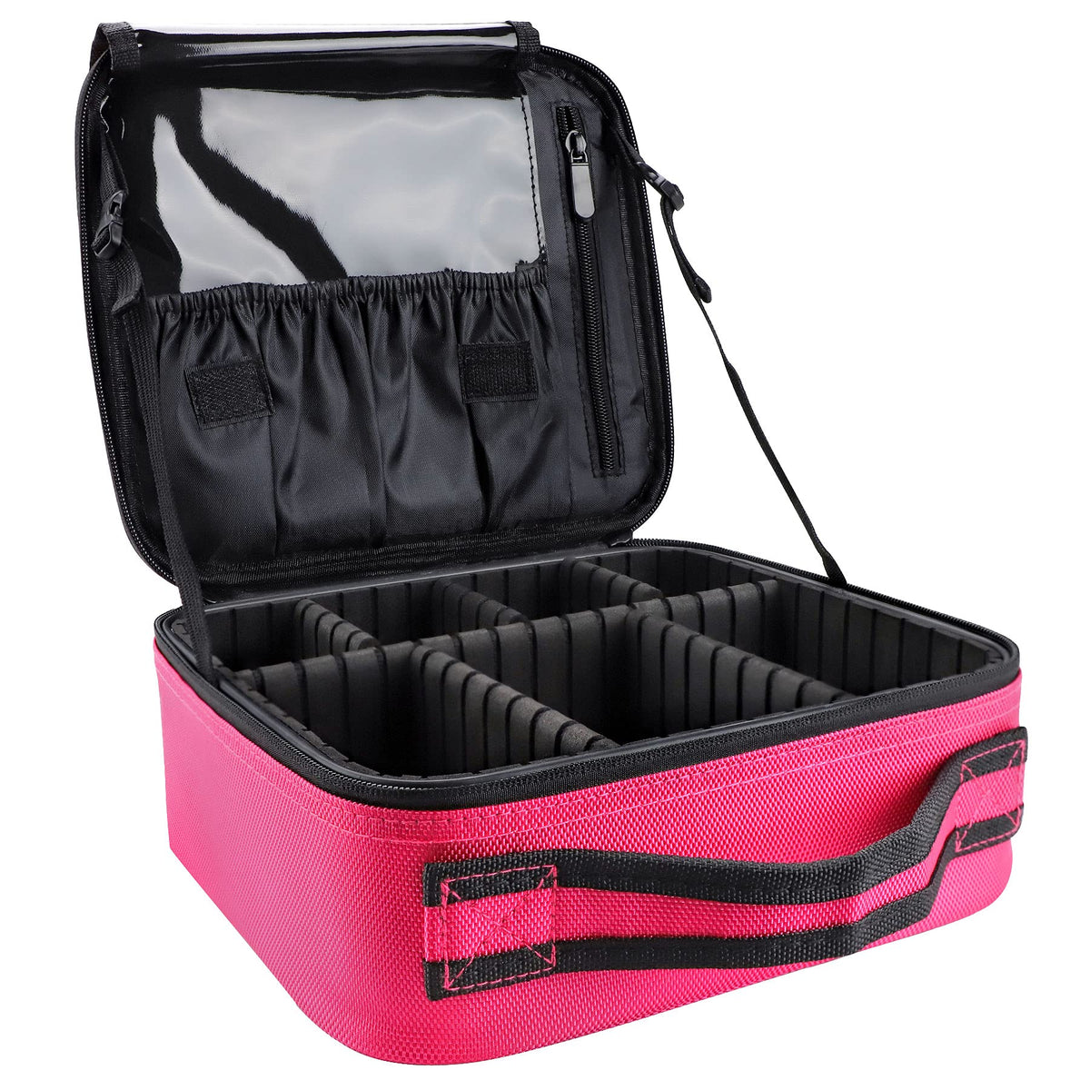 gzcz Large Capacity Travel Makeup Train Case,Professional Cosmetic Bags for Women,Portable Makeup Brush Bag Organizer Storage with Adjustable Dividers and Shoulder Strap