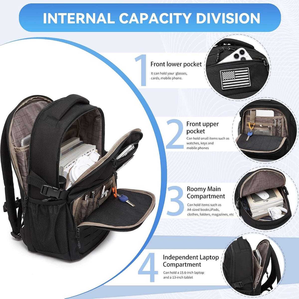 Wotony Military tactical backpack Laser-Cut MOLLE Webbing, backpack for men black small tactical assault bag (Black, 18.5 inch)