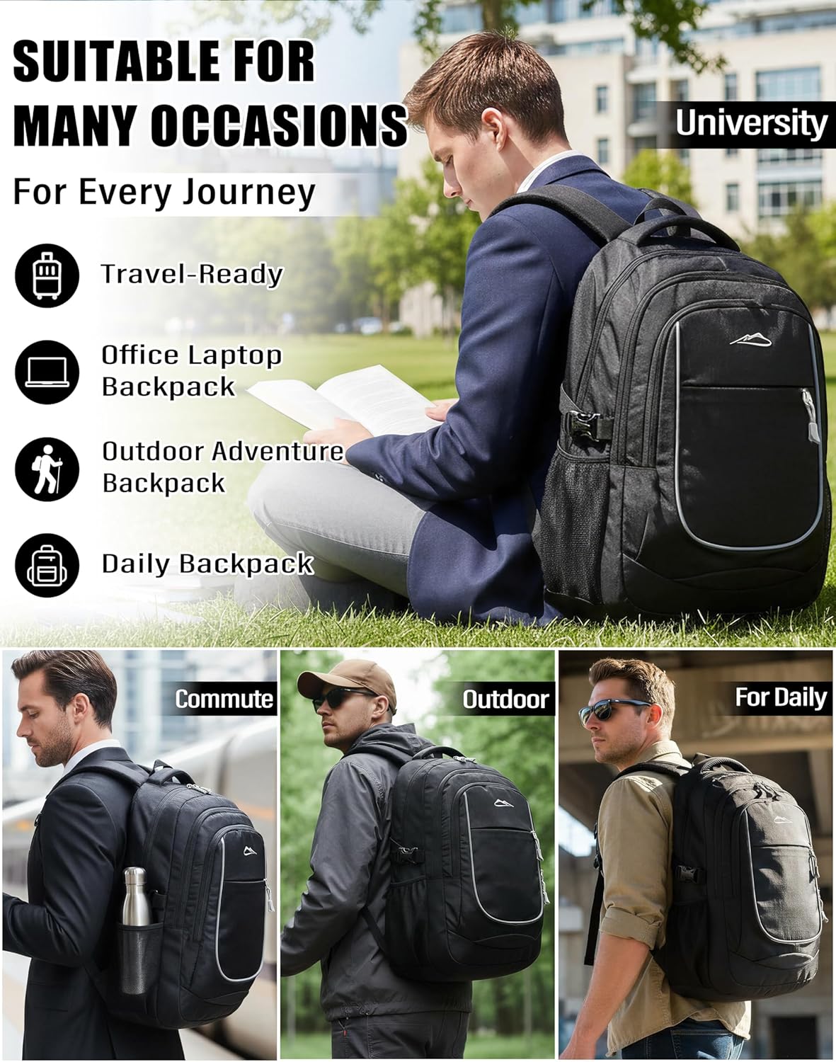 ProEtrade Backpack Bookbag for College Sturdy Travel Business Hiking Fit Laptop Up to 15.6 Inch Multi Compartment Gifts for Men Women Night Light Reflective (Black)