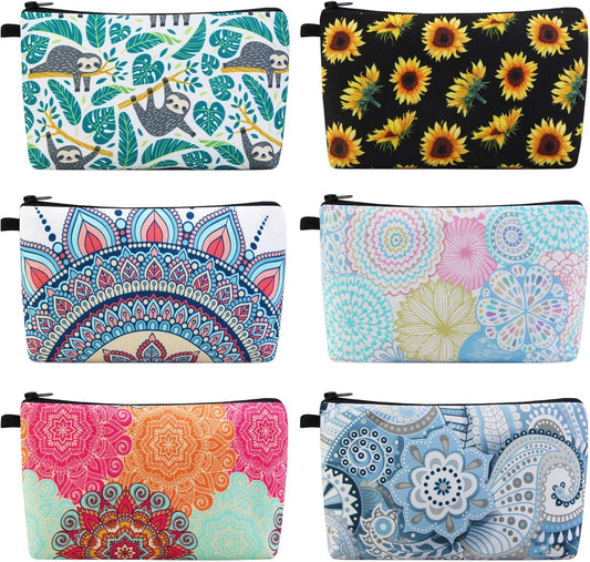 MAGEFY Makeup Bag 6 Styles Portable Travel Cosmetic Bag for Women Flower Patterns Zipper Pouch Sloth Gifts Makeup Pouch with Black Zipper (6 packs)