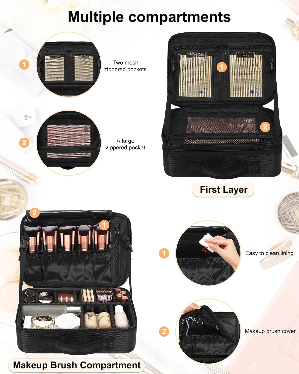 Relavel Makeup Bag Travel Makeup Train Case Large Cosmetic Case Professional Portable Makeup Brush Holder Organizer and Storage with Adjustable Dividers and Shoulder Strap Black