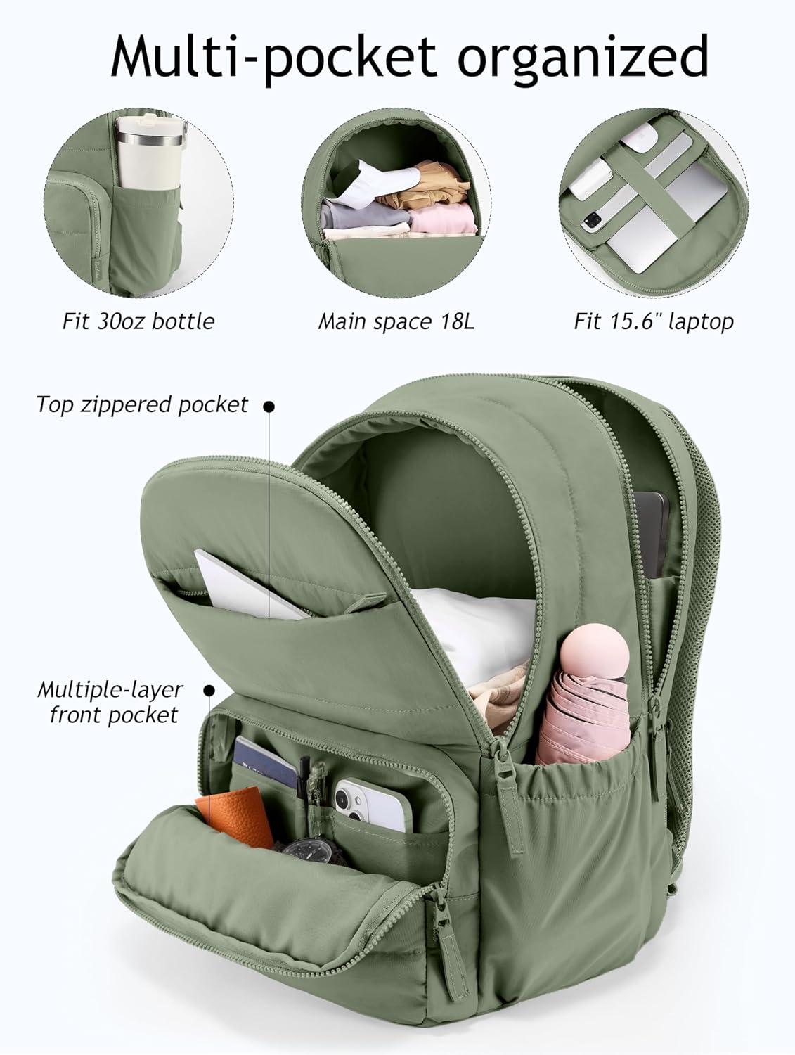 Uselike Travel Backpack for Women, 15.6 Inch Laptop Backpack, Quilted College Bookbag, Cute Work Backpacks, Water Resistant (Sage Green)