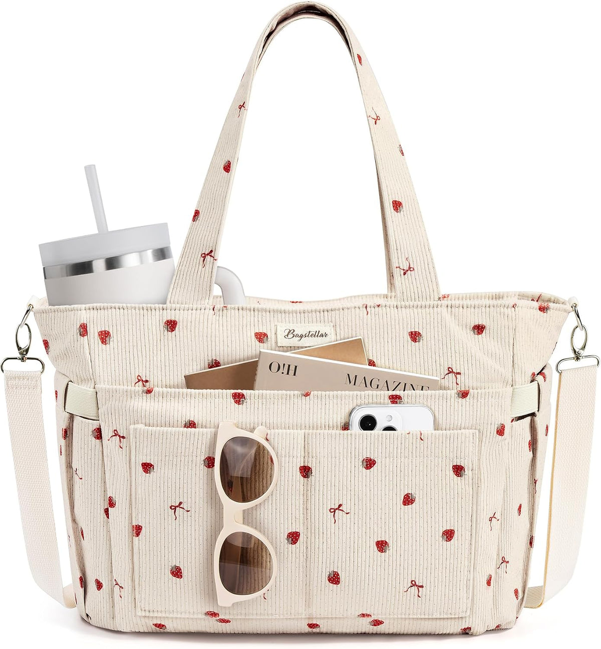 Bagstellar Corduroy Tote Bag for Women, 17 Pockets Laptop Work Tote Purse