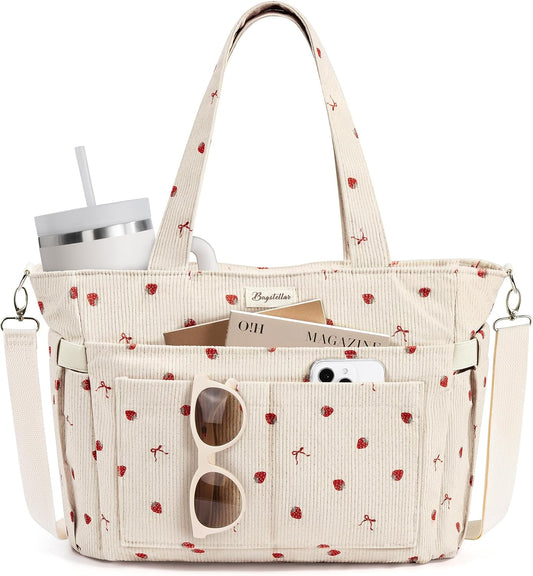 Bagstellar Corduroy Tote Bag for Women, 17 Pockets Laptop Work Tote Purse