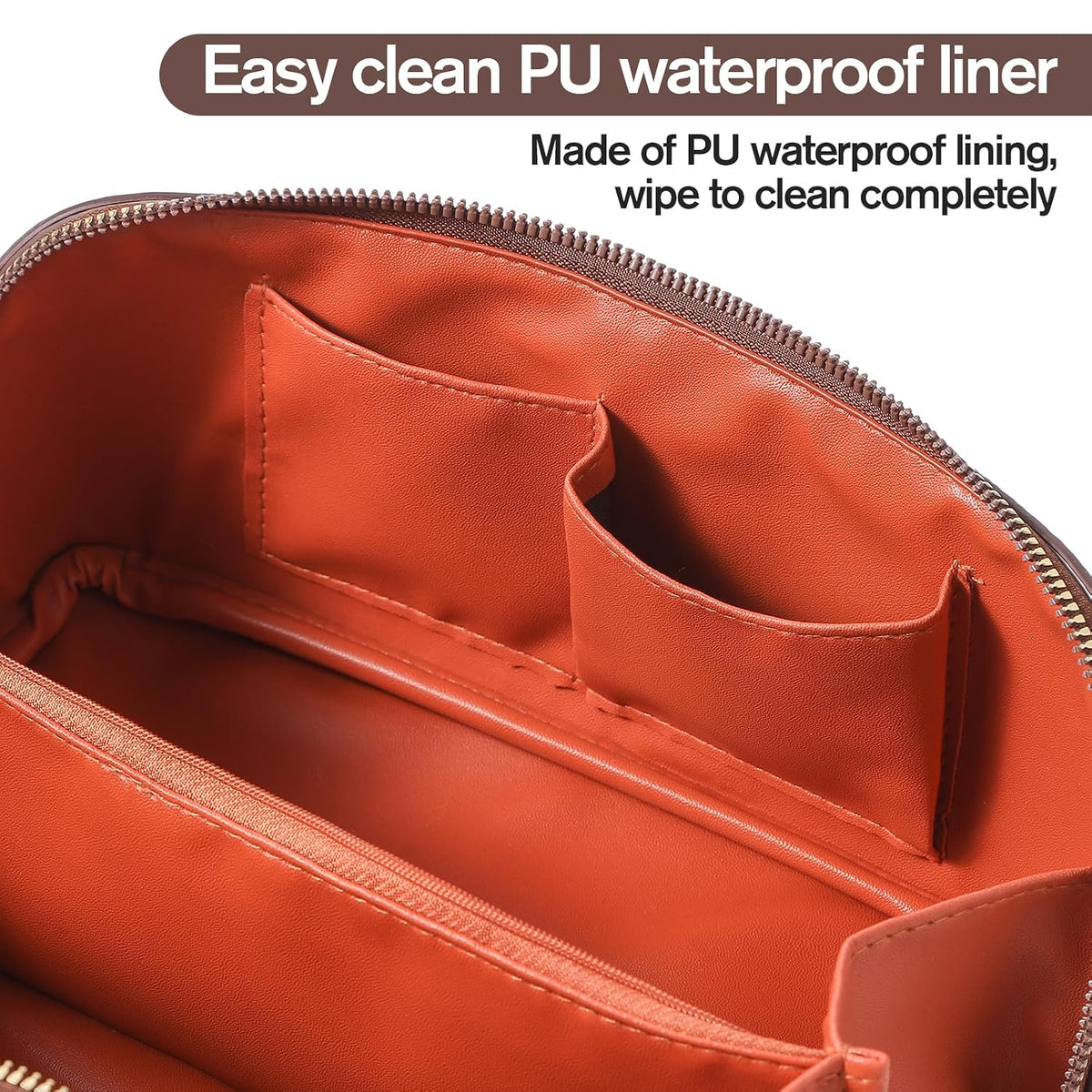 PU Leather Makeup Bag for Women, Structured Makeup Case with Wide Opening, Travel Cosmetic Bag with Compartments and Handle, Water-Resistant Makeup Organizer(Khaki, Lychee Grain)