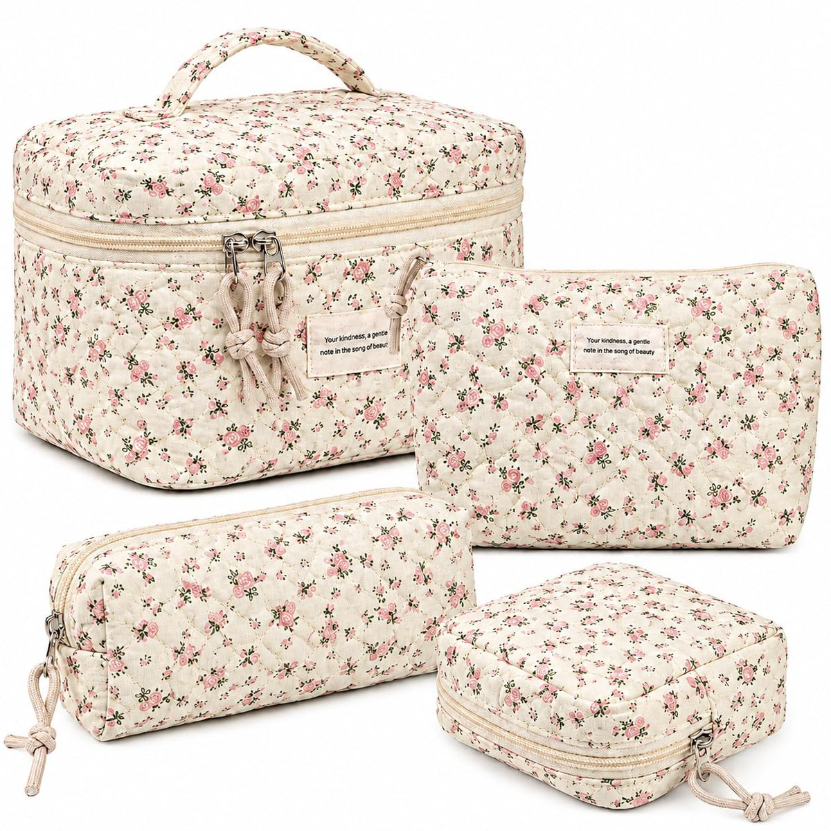 NATINSA Cute Makeup Bag for Women(2 Pcs), Travel Cosmetic Bags, Quilted Coquette Aesthetic Floral Toiletry Organizer Bag (46 - Sky Blue/4Pcs)
