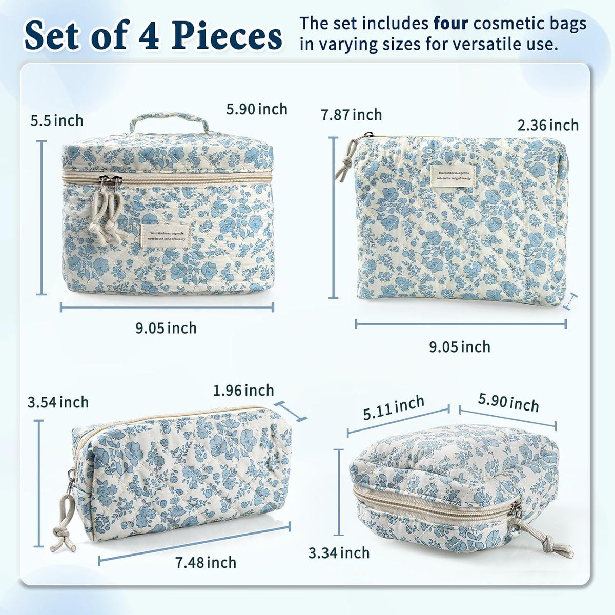 NATINSA Cute Makeup Bag for Women(2 Pcs), Travel Cosmetic Bags, Quilted Coquette Aesthetic Floral Toiletry Organizer Bag (46 - Sky Blue/4Pcs)