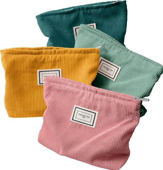 Sanwuta 4 Pcs Velvet Corduroy Makeup Bag, 10x7x2'', Retro Color