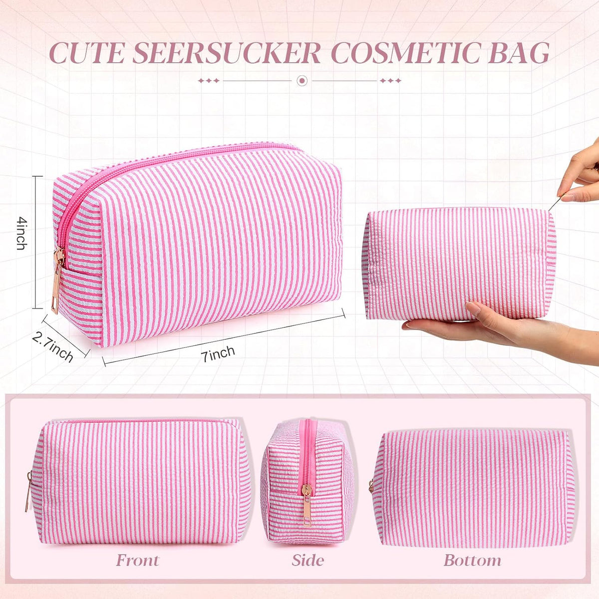 Sanwuta 6 Pcs Seersucker Cosmetic Bags Bulk, Striped Zippered,Rainbow