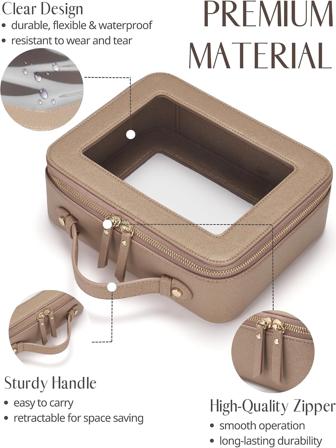 Popvibe Clear Makeup Bag Travel Cosmetic Case Transparent Toiletry Bag with Zipper, Portable Make Up Organizer Traveling Compact Car Bag for Essentials, Gold, Large
