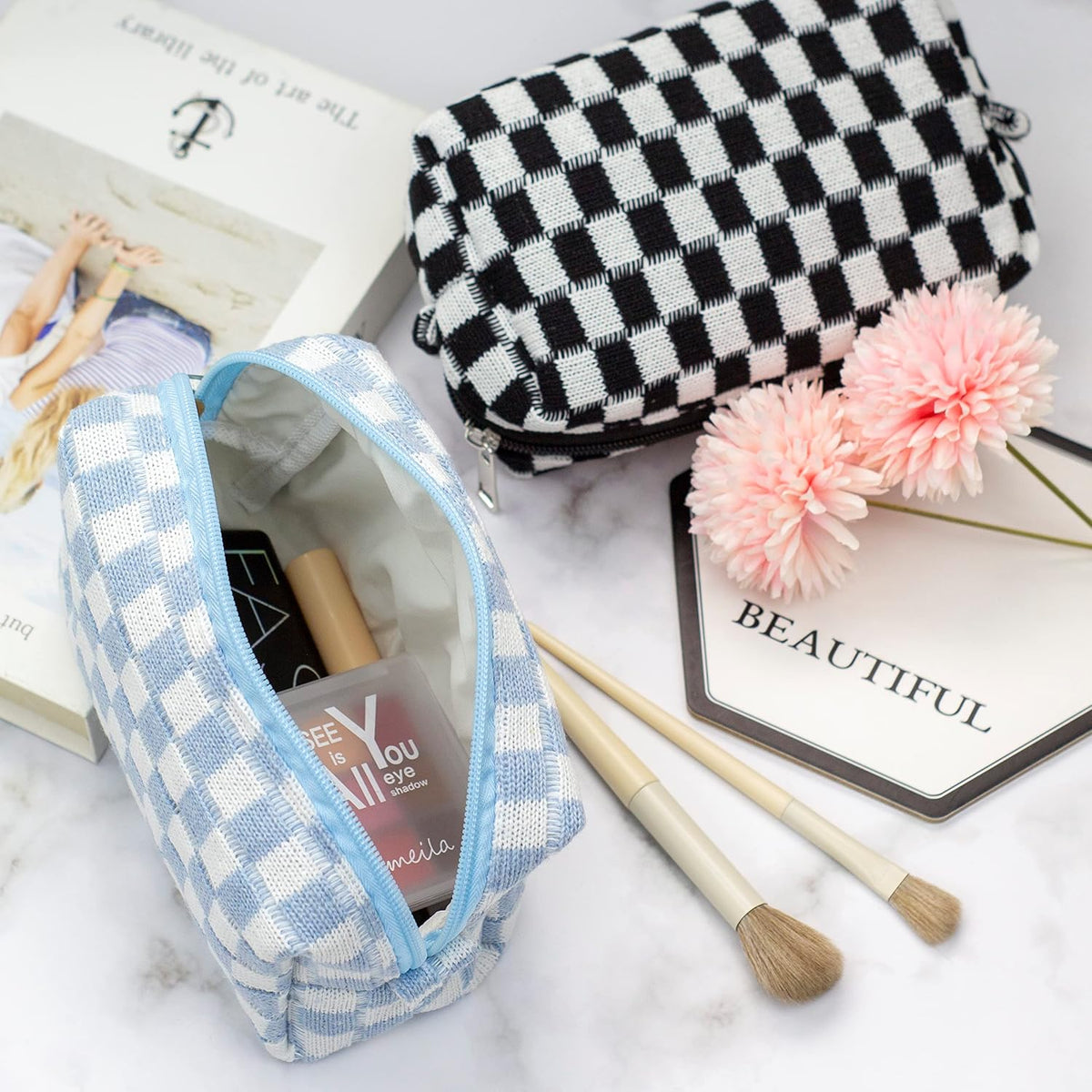 Checkered Makeup Bag for Purse, Small Travel Cosmetic Pouch,Blue,6 Pack