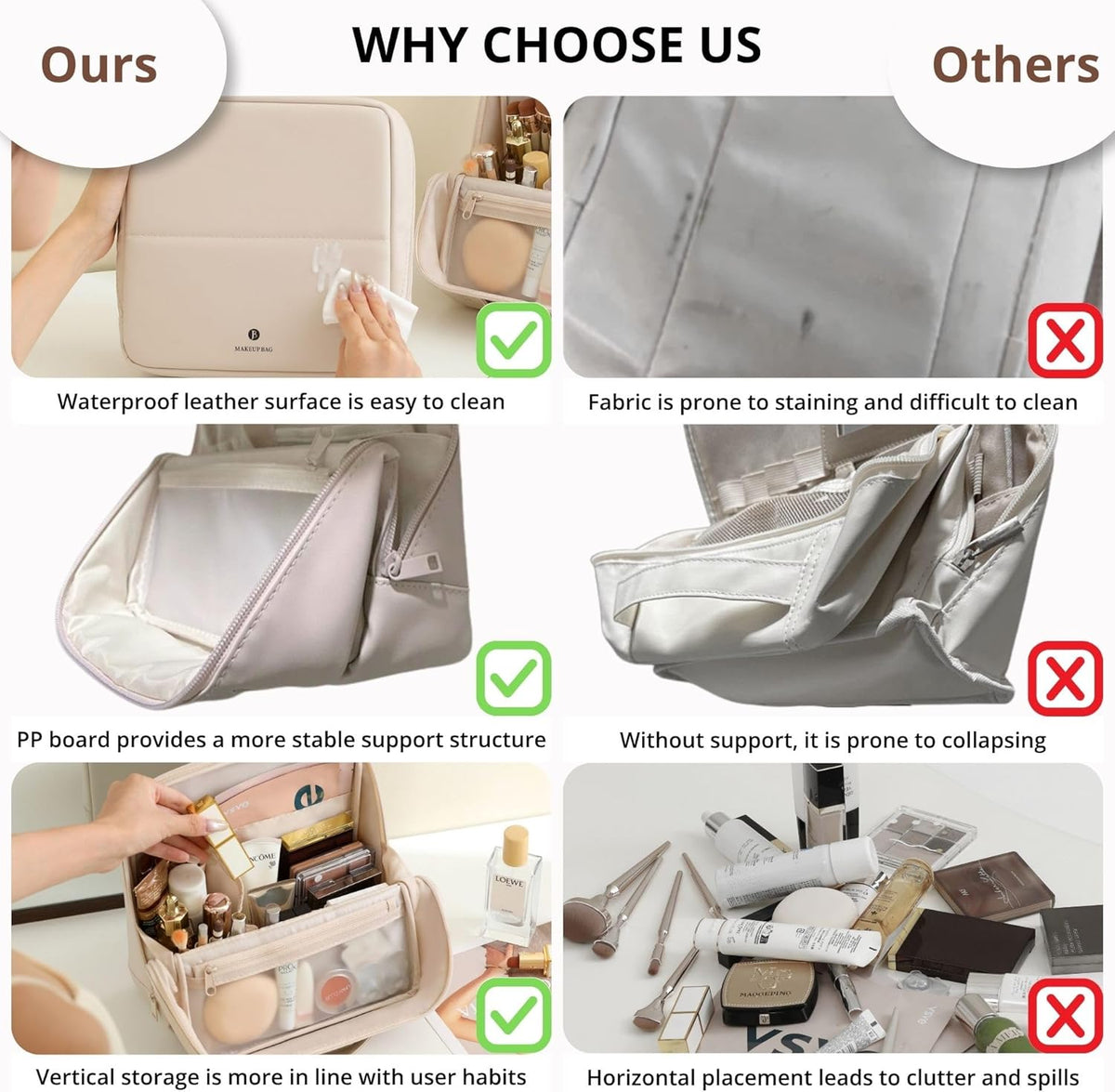 tianzong Travel Makeup Bag with Magnetic Fold-Down Flap, Waterproof Leather Cosmetic and Toiletry Organizer for Women, Multi-Zone Standing Storage, Cream, Large