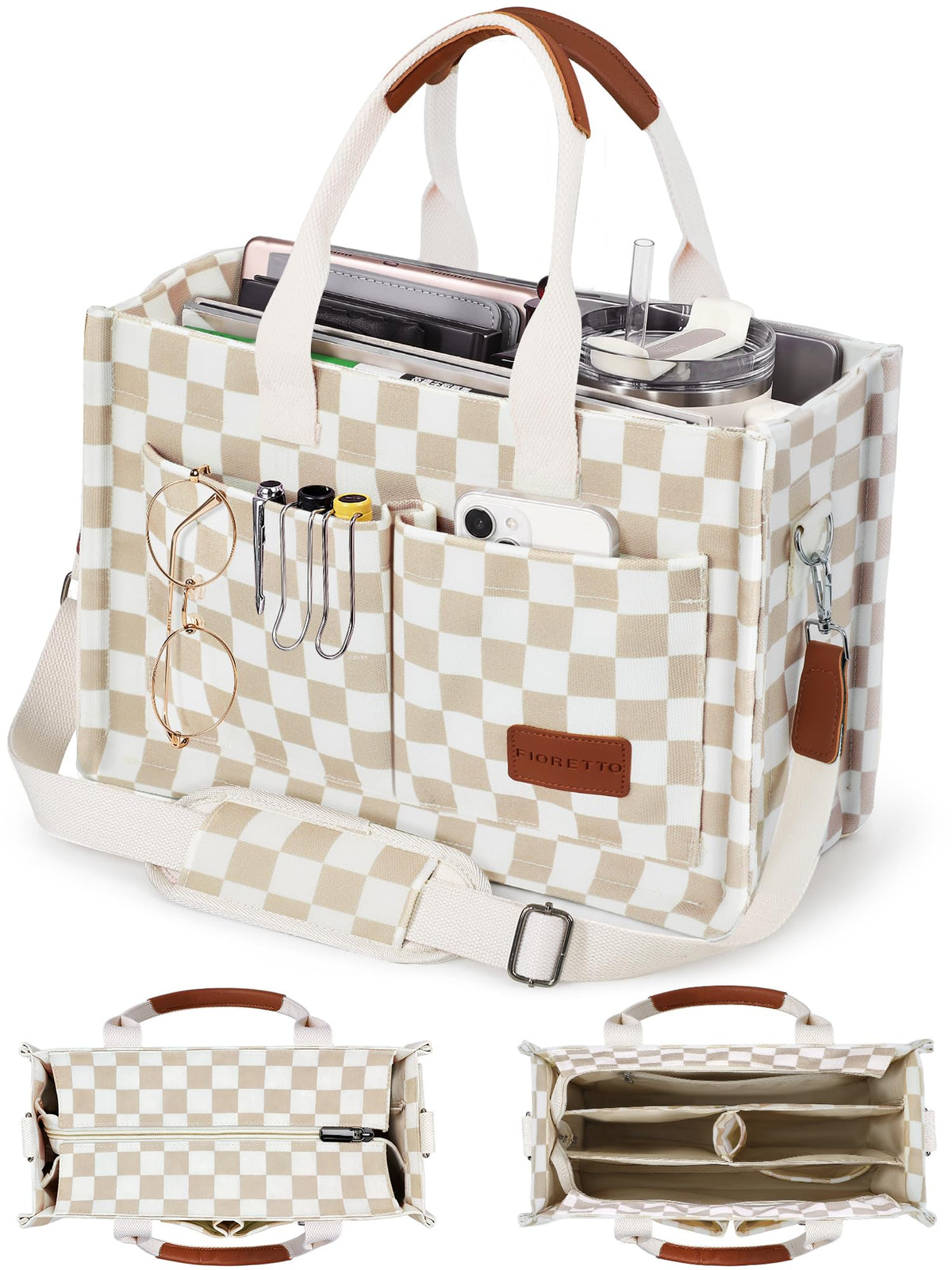 FIORETTO Canvas Tote Bag for Women with Zipper Closure & Individual Compartments for Work College for Teacher & Nurse