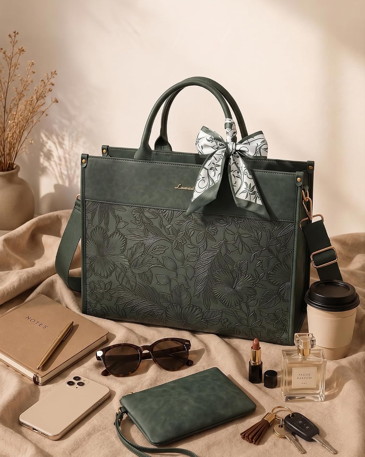 LOVEVOOK Laptop Tote Bag for Women, Vintage Work Bag with Large Cup Holder