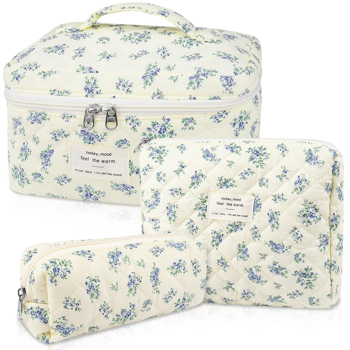 Gosect Makeup Bag, Large Quilted Cosmetic Bag, Big Floral Make Up Bag for Women Girls, Cute Cotton Makeup Bag Set, Flower Travel Toiletry Organizer Bag (Blue Flower)