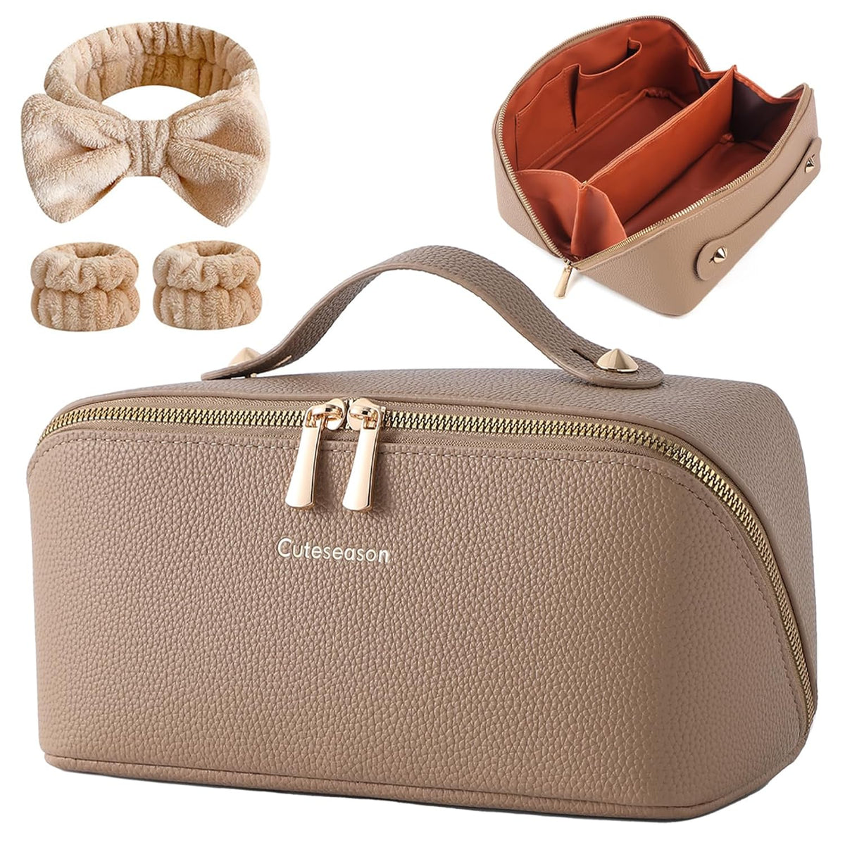 PU Leather Makeup Bag for Women, Structured Makeup Case with Wide Opening, Travel Cosmetic Bag with Compartments and Handle, Water-Resistant Makeup Organizer(Khaki, Lychee Grain)