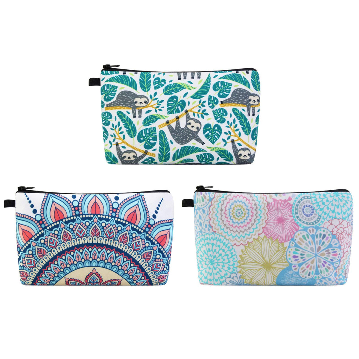 MAGEFY Makeup Bag 6 Styles Portable Travel Cosmetic Bag for Women Flower Patterns Zipper Pouch Sloth Gifts Makeup Pouch with Black Zipper (6 packs)