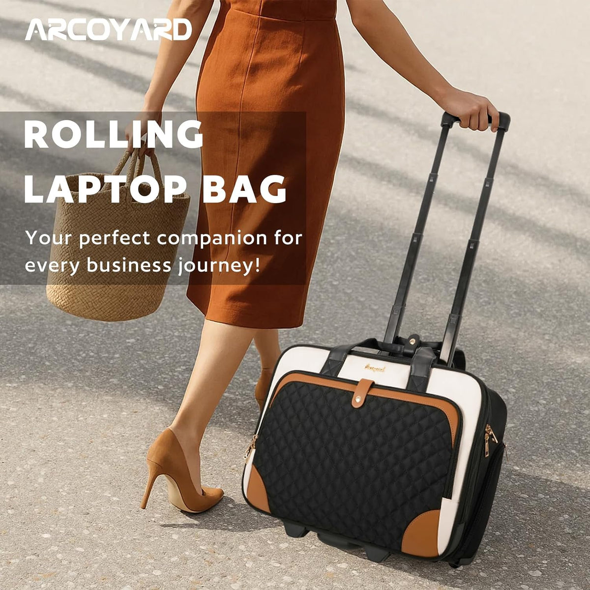 Arcoyard Rolling Laptop Bag, Rolling Briefcase for Women with Waterproof Pocket, 17 Inch Computer Bag, Underseat Carry On Luggage with Wheels for Work Travel Business, Lightweight Beige Brown