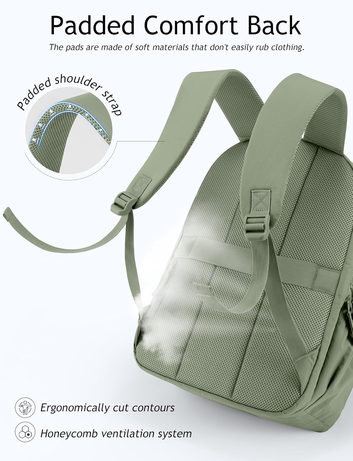 Uselike Travel Backpack for Women, 15.6 Inch Laptop Backpack, Quilted College Bookbag, Cute Work Backpacks, Water Resistant (Sage Green)