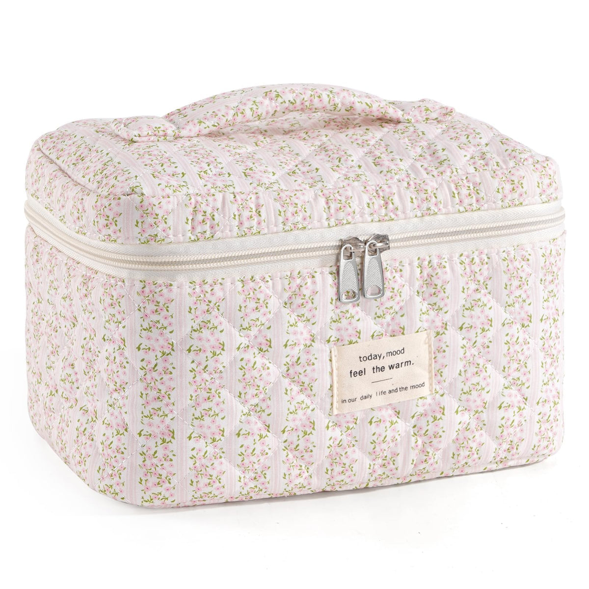 Makeup Bag for Women 3PCS Quilted Cotton Make Up Bag Travel Cosmetic Bag Large Makeup Bag Set Cute Makeups Organizer Floral Toiletry Pouch for Purse, Pink Floral D