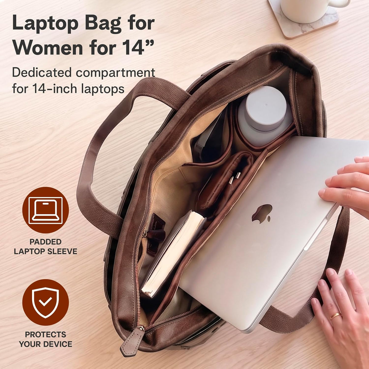 Laptop Bag for Women - 14" Vegan Leather Computer Bags for Laptops for Women - Padded Compartment - Leather Tote