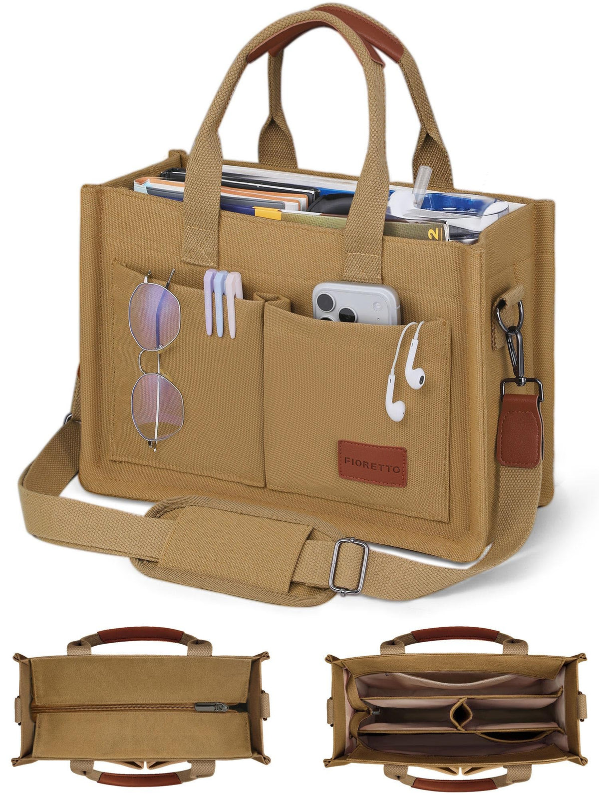 FIORETTO Canvas Tote Bag for Women with Zipper Closure & Individual Compartments for Work College for Teacher & Nurse