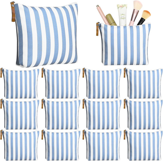 Hillban 12 Pcs Blue Striped Makeup Bags Bulk