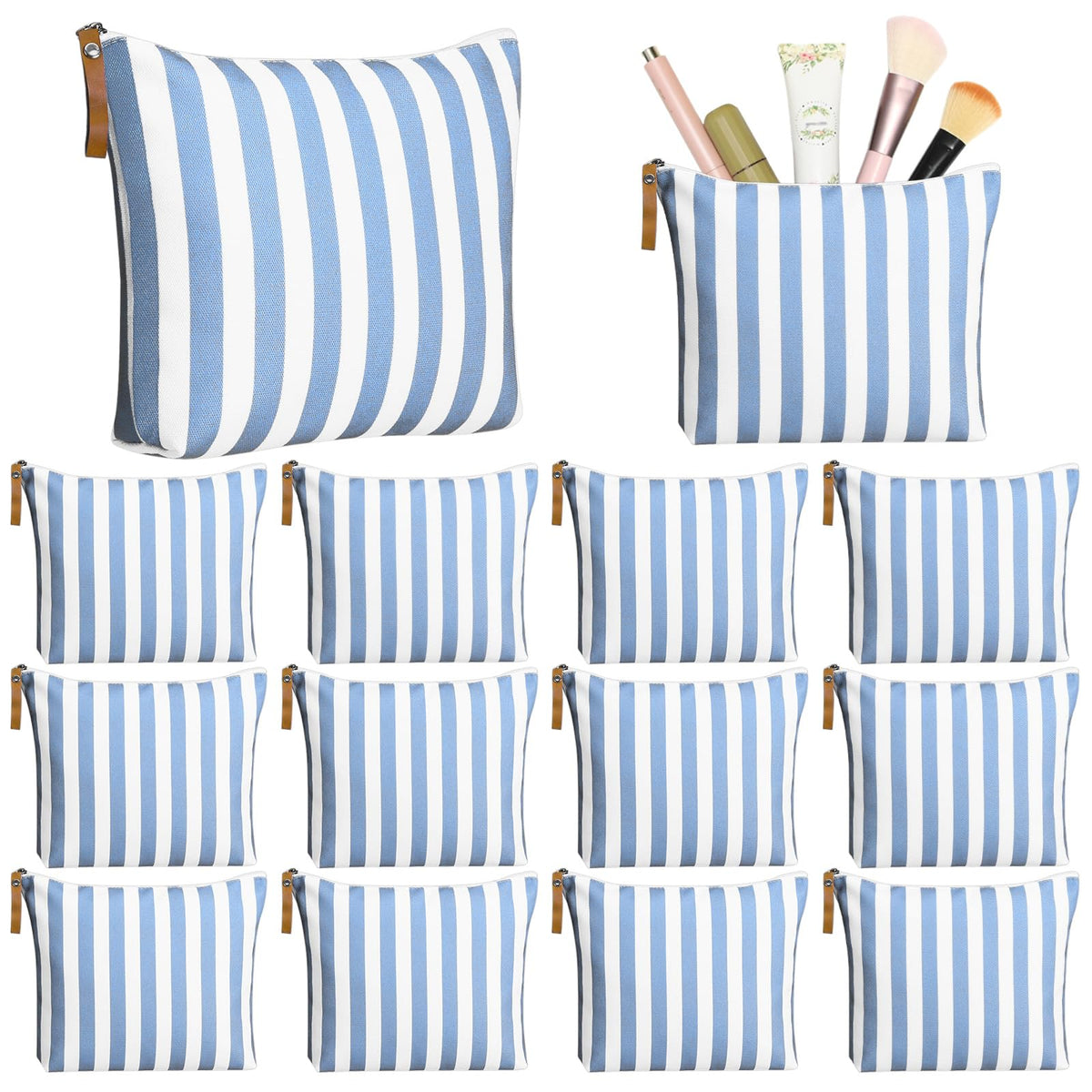 Hillban 12 Pcs Blue Striped Makeup Bags Bulk
