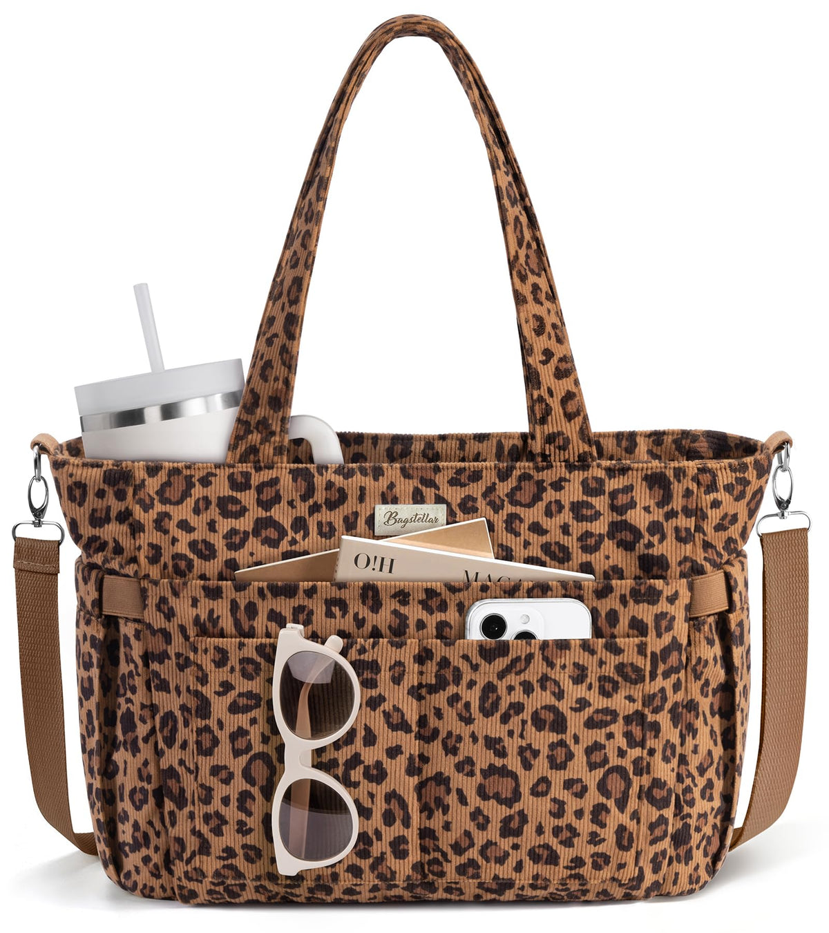 Bagstellar Corduroy Tote Bag for Women, 17 Pockets Laptop Work Tote Purse