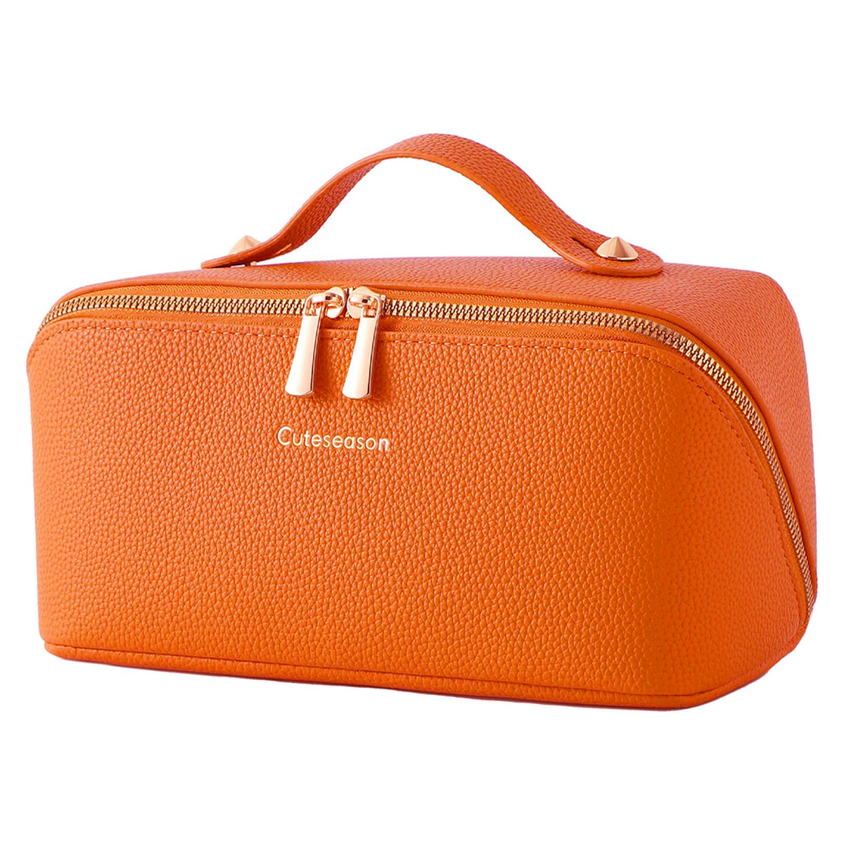 PU Leather Makeup Bag for Women, Structured Makeup Case with Wide Opening, Travel Cosmetic Bag with Compartments and Handle, Water-Resistant Makeup Organizer(Khaki, Lychee Grain)