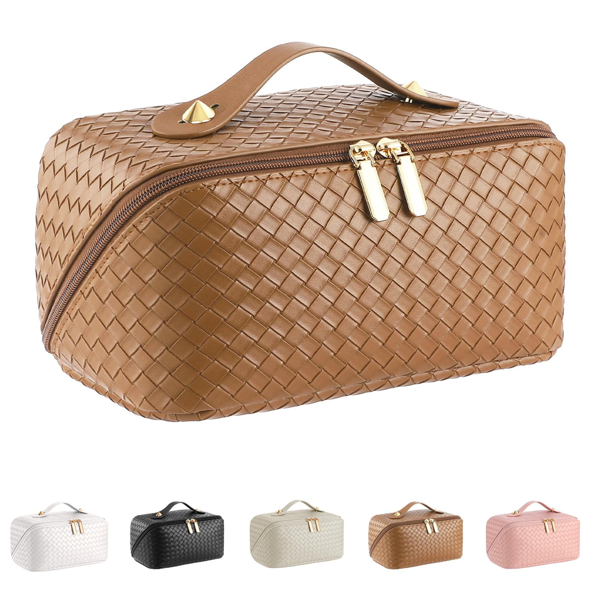 ALEXTINA Travel Makeup Bag, Woven PU Leather Cosmetic Bag, Khaki