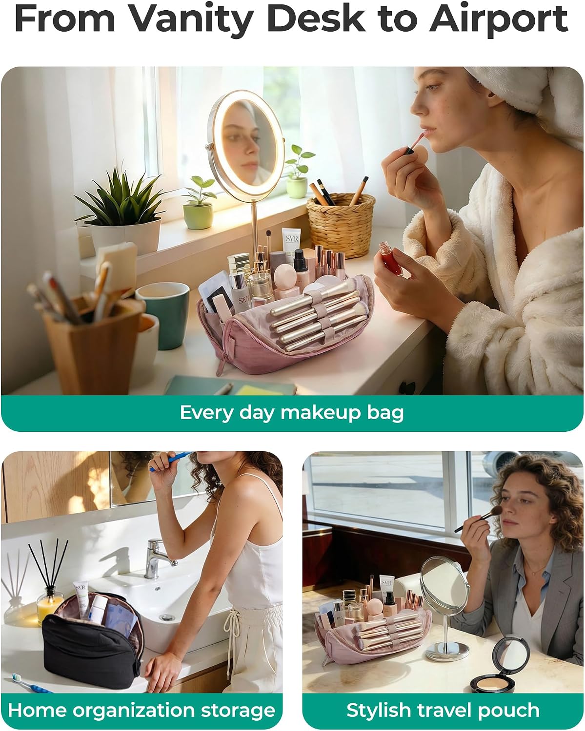 BAGSMART Travel Makeup Bag, Fold-Down Cosmetic Pouch for Women, Pink