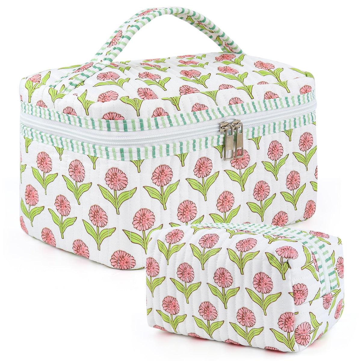 2 Pcs Quilted Makeup Bag Set, Floral Travel Cosmetic Bags for Women Girls