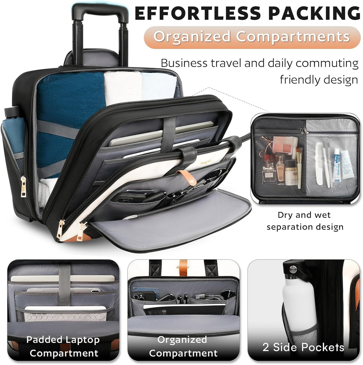 Arcoyard Rolling Laptop Bag, Rolling Briefcase for Women with Waterproof Pocket, 17 Inch Computer Bag, Underseat Carry On Luggage with Wheels for Work Travel Business, Lightweight Beige Brown