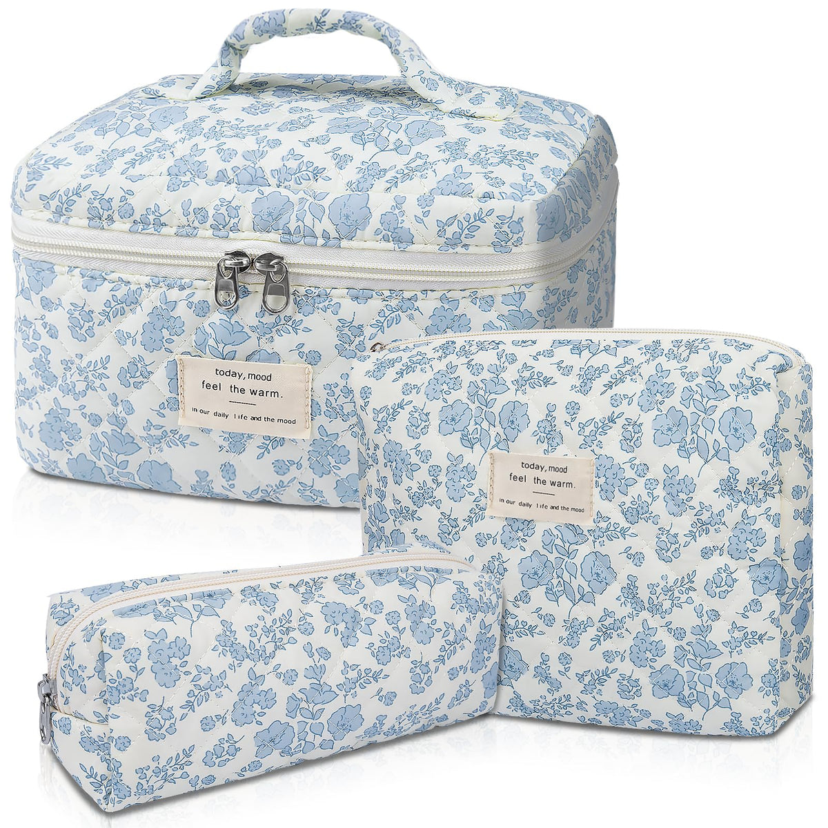 Gosect Makeup Bag, Large Quilted Cosmetic Bag, Big Floral Make Up Bag for Women Girls, Cute Cotton Makeup Bag Set, Flower Travel Toiletry Organizer Bag (Blue Flower)