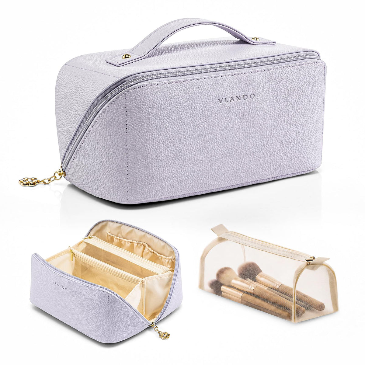 VLANDO Travel Makeup Bag with 180°Opening, Women Toiletry Case,Toffee