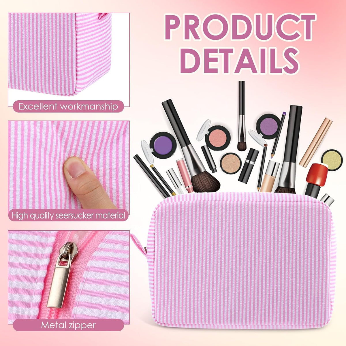 Sanwuta 6 Pack Seersucker Makeup Bags for Women Striped,Large,Macaron Color
