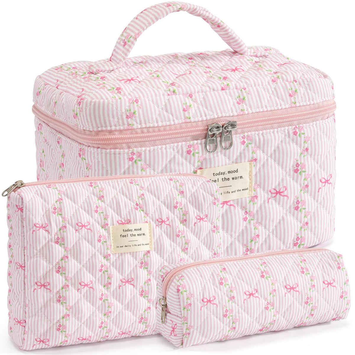 Makeup Bag for Women 3PCS Quilted Cotton Make Up Bag Travel Cosmetic Bag Large Makeup Bag Set Cute Makeups Organizer Floral Toiletry Pouch for Purse, Pink Floral D