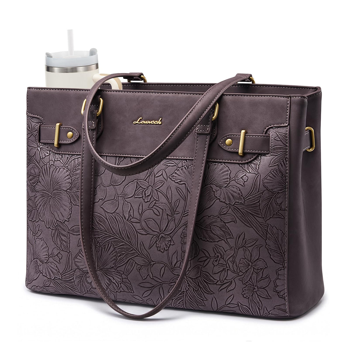 LOVEVOOK Laptop Tote Bag for Women Work, Teacher Tote Bag with Large Cup Holder, Waterproof Leather Computer Bag
