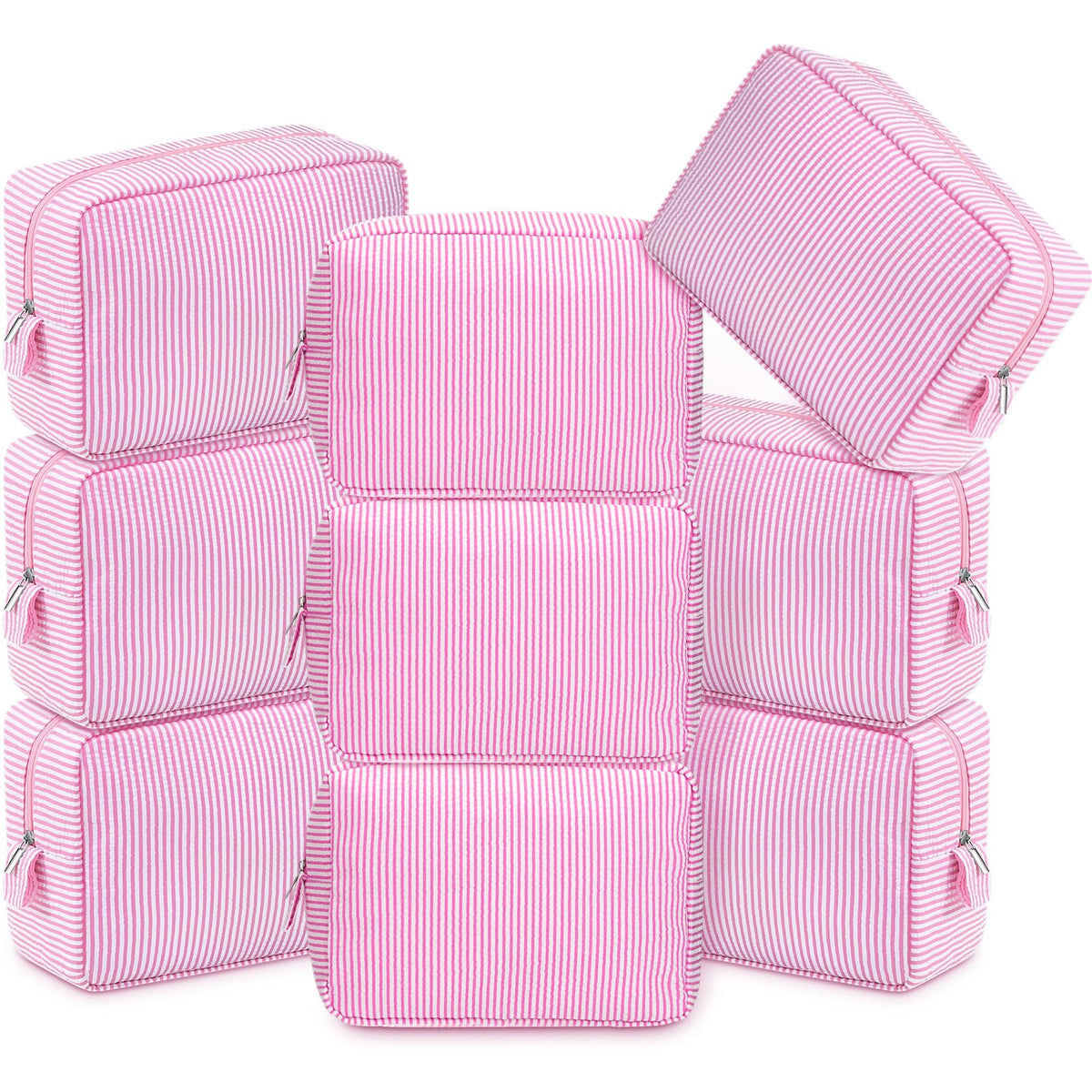 Sanwuta 6 Pack Seersucker Makeup Bags for Women Striped,Large,Macaron Color
