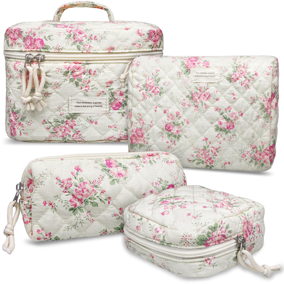 VIWIME Makeup Cosmetic Bag, Large Cotton Quilted Travel Coquette Aesthetic Cute Floral Make up Bag for Women Toiletry Bag Organizer (203- Blue Rose / 4Pcs)