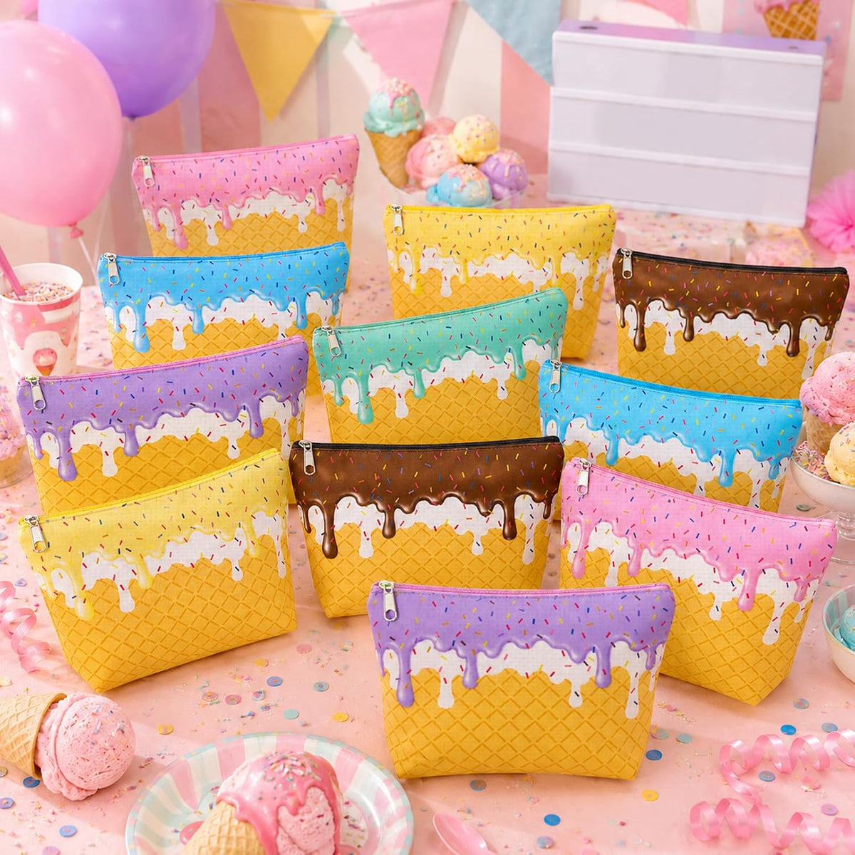 12 Pcs Ice Cream Drip Cosmetic Bags for Women, Ice Cream Drip Makeup Bags for Themed Party Favors, Toiletry Zipper Pouch for Birthday Party Favors Summer Lovers Gifts