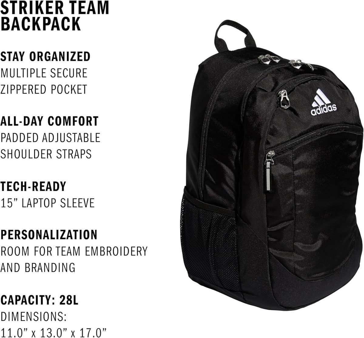adidas Unisex Striker II Team Backpack, Black/White, One Size